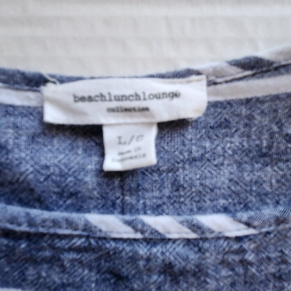 Beach Lunch Lounge Size Large Blue White Linen Blend Boxy Striped Side Tie Top - Picture 13 of 13